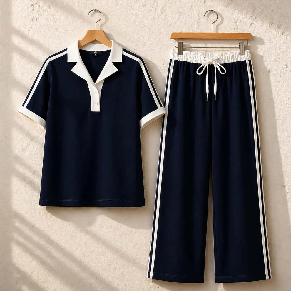Contrast Collar Style Western 2-Pcs Summer Dry-Fit Tracksuit For Her.