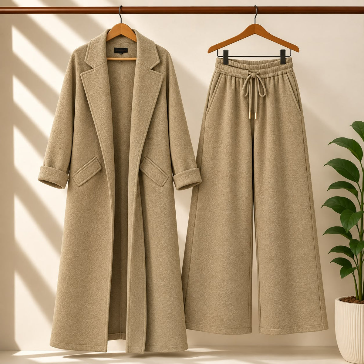 Long Trench Coat Style 2-Pcs Winter Co-Ord Set.