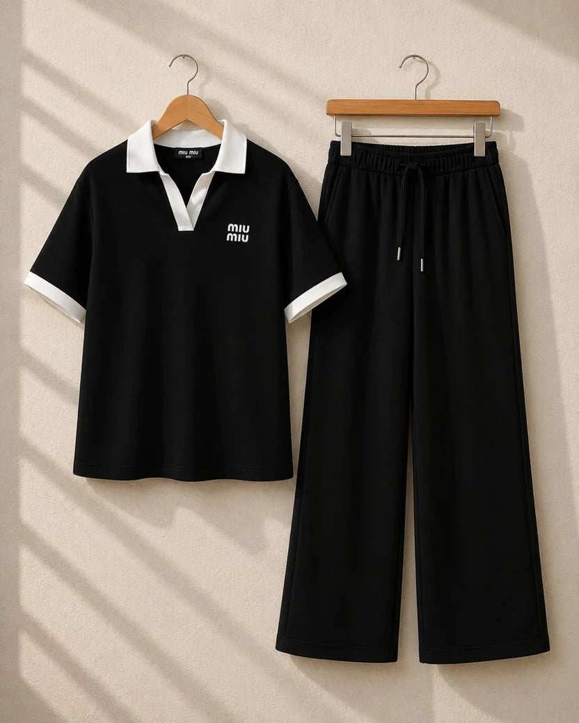 Contrast Trim T-shirt & Wide-Leg Trouser Set MWTS-43