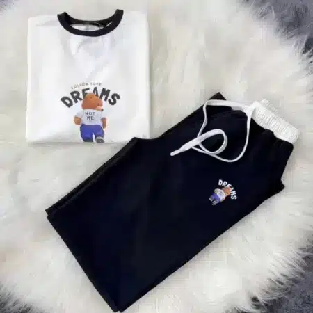 White-Black Bear Dreams Drop-Shoulder Style 2-Pcs Summer Dry-Fit Tracksuit For Her. WSTS-02