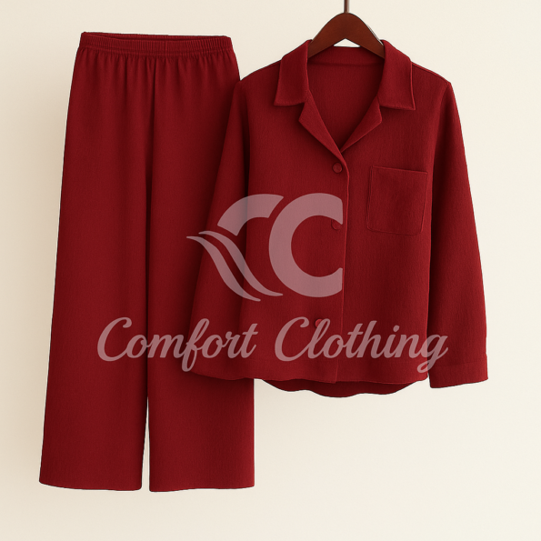 Burgundy Loungewear Against Soft White Wall