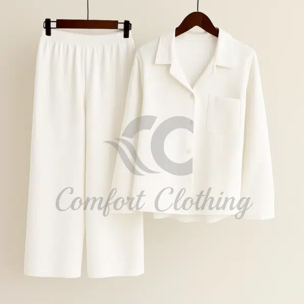 White Loungewear Set on Hangers